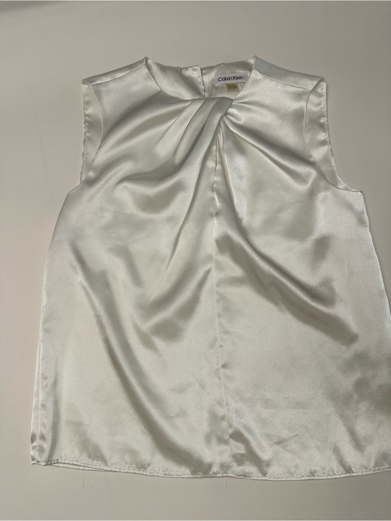 Calvin Klein Tops - Calvin Klein White Satin Draped Twist Neck Sleeveless Blouse Minimalist Evening